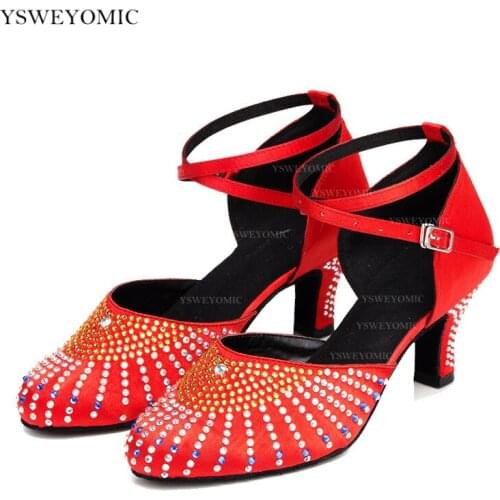 3 Colors Ballroom Dancing Shoes Satin With Rhinestones For Women 6cm Latin Ballroom Standard Dance Shoes For Dance Competition