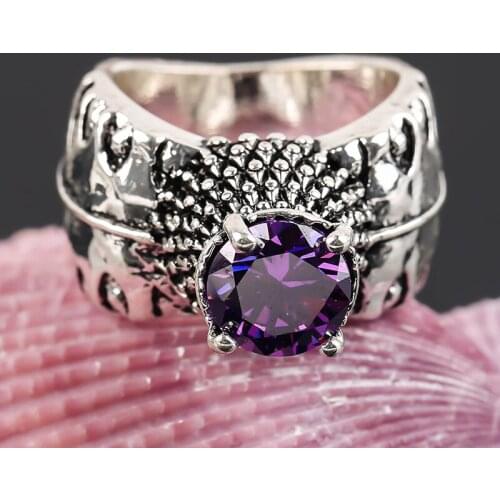 Vintage Purple Crystal Stone Rings for Women Bohemian Carved Pattern Silver Color Wide Finger Rings Party Men Jewelry Gifts