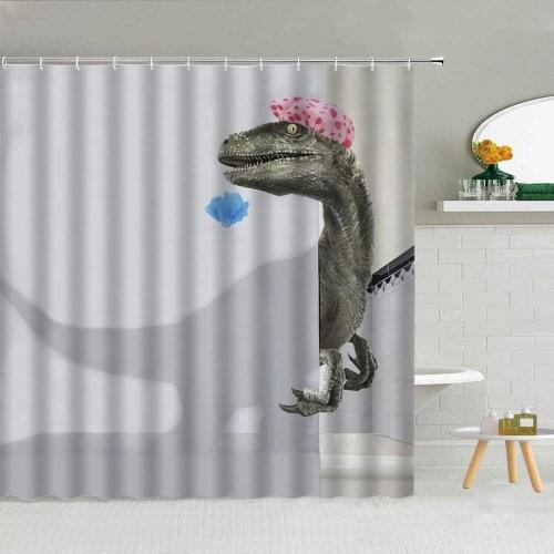 Funny Cartoons Bathing Dinosaur Shower Curtain Pink Bath Cap Kids Bathroom Decor Bathtub Partition Animal Waterproof Curtains