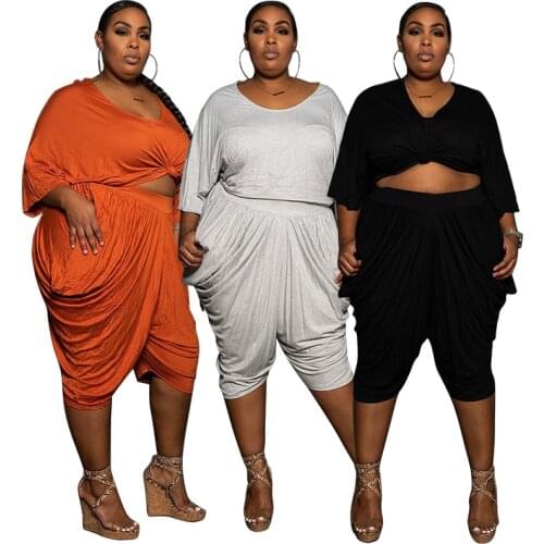 Plus Size Women Clothing Wholesale Casual Fashion Solid Loose Crop Top Stacked Wide Leg Pants Two Piece Sets Summer Dropshipping