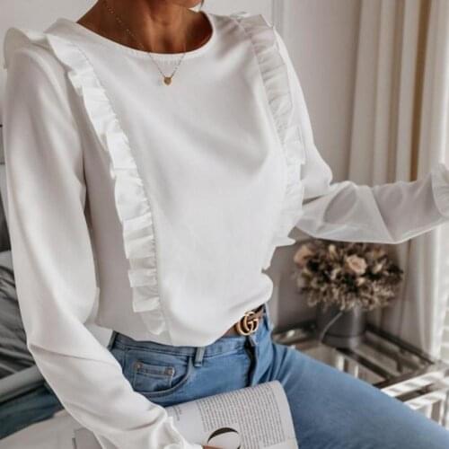 Ruffles Decor Women Shirt Back Buttons Skin-friendly O Neck Long Sleeve Office Shirt Workwear