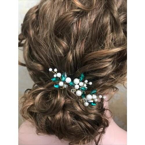 Bohe Blue Green Rhinestone Hair Pins 3PCS Women Headpieces Birde Headdress for Hair Clips Pearls Bridal Wedding Accessories