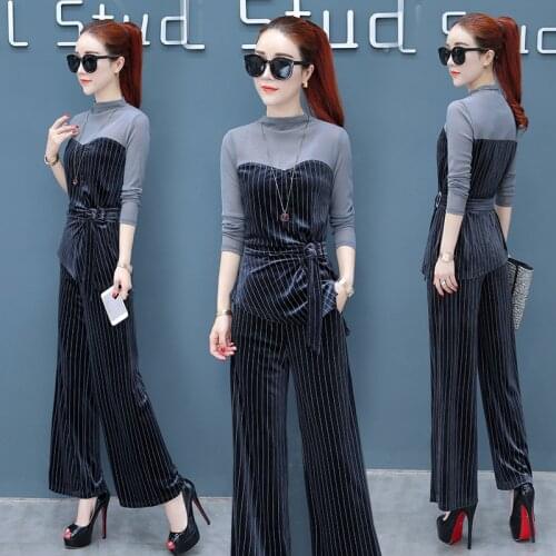 Womens fashion wide-leg pants suit female 2018 autumn new striped long-sleeved shirt + wide-leg pants two-piece Womens sets
