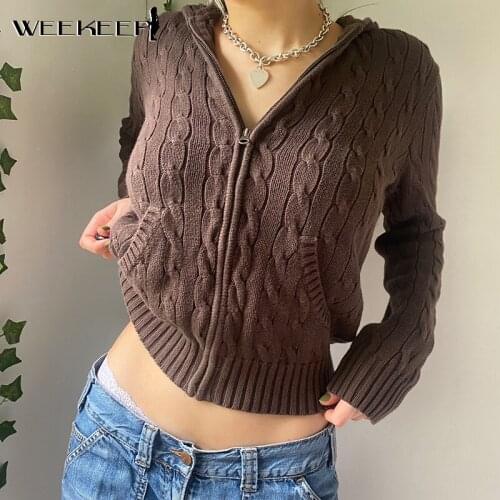 Weekeep Solid Basic Zip Up Sweater Autumn Winter Long Sleeve Loose Knitted Cardigan Harajuku Women Casual Cropped Hoodie Vintage