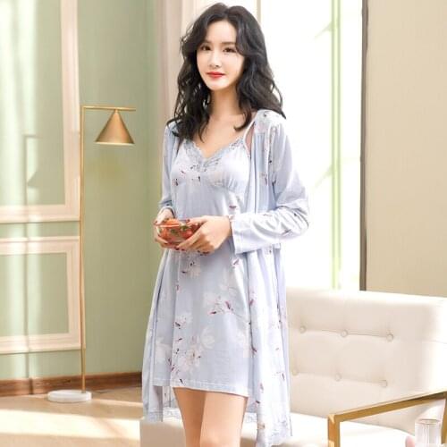 2 Piece Set Women 100%Cotton Kimono Robes Sexy Lingerie Women Wedding Party Bridesmaid Robe Lace Nightgown Bathrobe Pijama Mujer