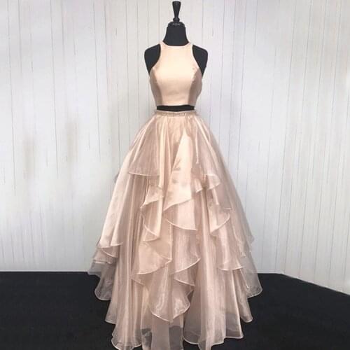 Gardenwed Champagne Gold Two Pieces Evening Dress 2019 de gala Halter Neck abiye Ruffle Skirt Formal Dress Girls abendkleider