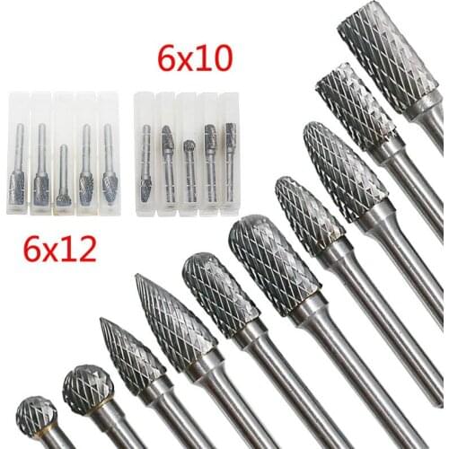 5Pcs/Set Assorted 12mm 10mm Head Tungsten Carbide Rotary Point Burr Die Grinder Bit 6mm Shank Milling Cutter Abrasive Tools