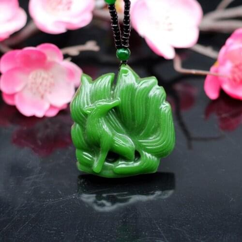 Natural Green Jade Nine-Tailed Fox Pendant Necklace Beads Chinese Hand-Carved Fashion Charm Jewellery Amulet for Men Women Gifts