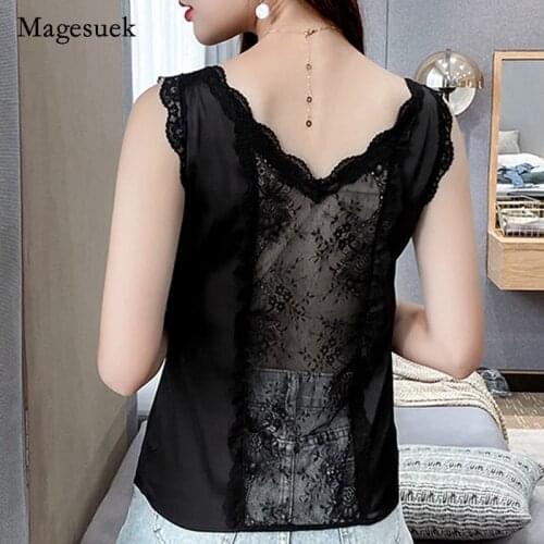Plus Size Women Lace Hollow Out Sleeveless Vest Tops 2021 Summer New Blouse Women Casual Solid Silk Black Blouse Blusa 15542