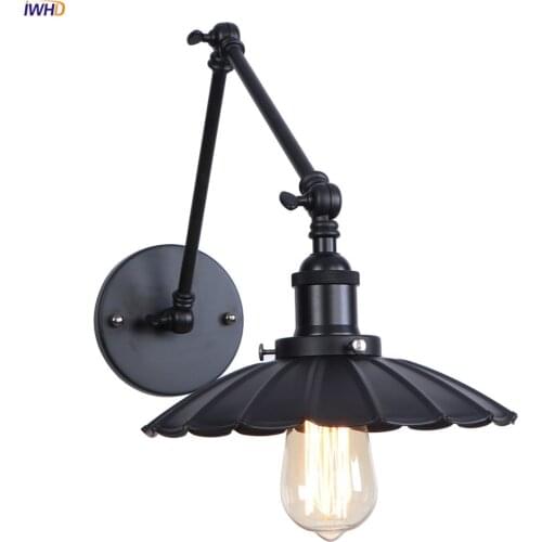 IWHD Black Arm Wall Lamp Vintage Bedroom Beside Stair Antique Loft Decor Industrial Wall Light Sconce LED Applique Murale