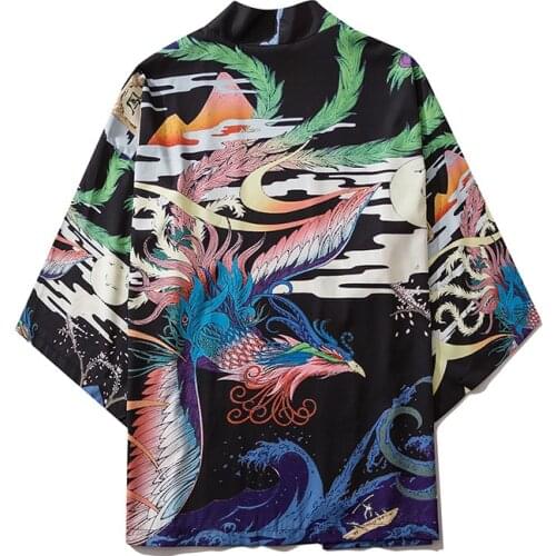 Phoenix Printing Men Women Harajuku Japanese Fashion Kimono Cardigan Blouse Haori Obi Asian Clothes Samurai
