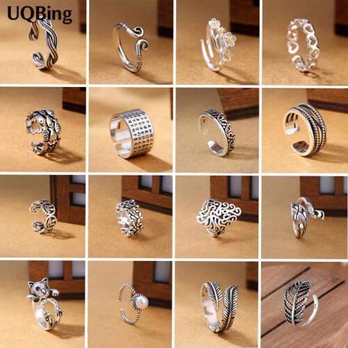 2019 Wholesale Vintage 925 Sterling Silver Flower Fish Heart Crown Cat Leaves Open Rings For Women Jewelry