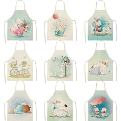 Cartoon Rabbit Printed Kitchen Aprons for Women Kids Sleeveless Cotton Linen Rabbit Cooking Cleaning Tools
