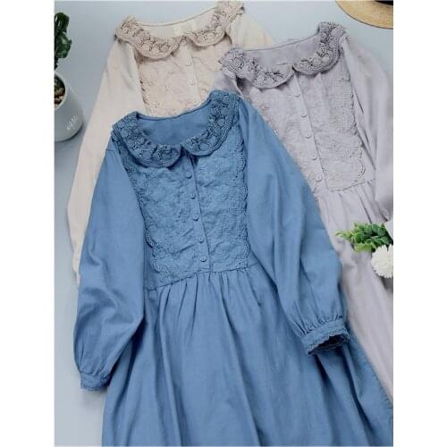 Lamtrip Unique New 2021 Spring Lace Peter Pan Collar Cotton 100% Lacing Patchwork Japanese Mori Girl Dress Loose Casual Vintage