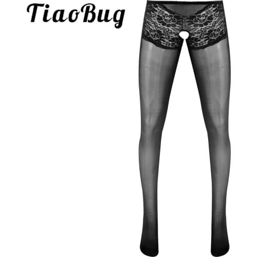 Mens Lingerie Crotchless Pantyhose Underwear Lace Patchwork Glossy Open Crotch Thin Footed Tights Stockings Erotic Sissy Pants