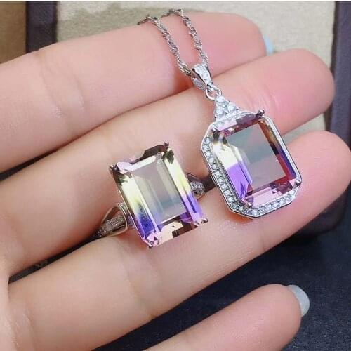 Real Natural Amethyst jewelry set Natural Real Amethyst 925 sterling silver 1pc pendant,1pc ring