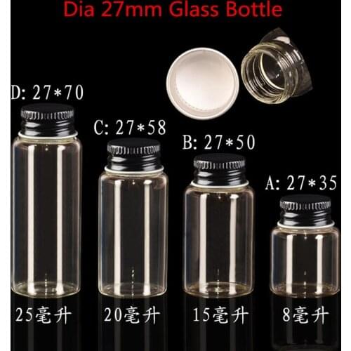 60 x Dia 27mm Empty Sample Vials Clear Glass Bottles with Black Aluminium cap