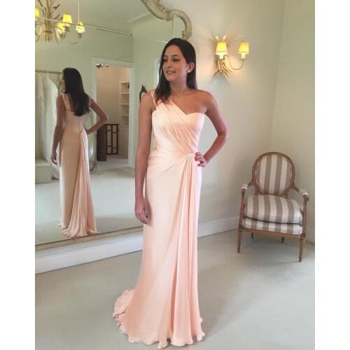 2020 Newest Blush Pink Mermaid Evening Dresses Chiffon One Shoulder Pleats Sleeveless Sweep Train Guest Party Prom Gowns