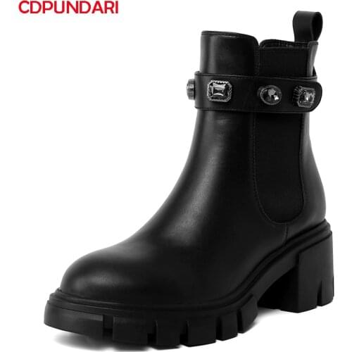 Rhinestone Black Genuine Leather Chunky Platform Ankle Boots For Women Spring Autumn High Heels Chelsea Short Boots Shoes