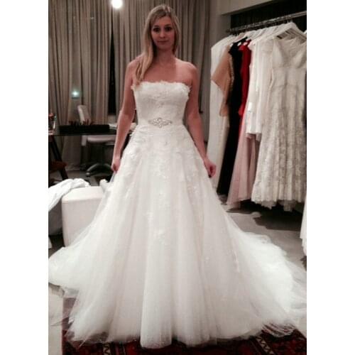 Strapless Crystal Appliques for Wedding Dresses Women A-line Wedding Gowns Ivory With Ribbon vestido de noiva 2015