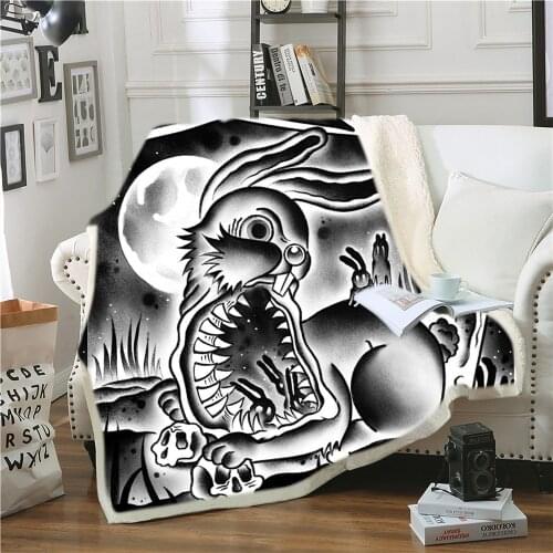 Dark Animal Sherpa Blanket 3D Print Airplane Travel Weighted Blanket Rabbit Cartoon Throw Blanket Home Halloween Gift Blanket