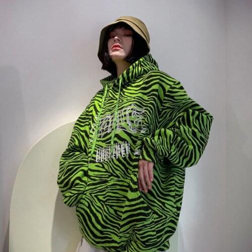 Hoodies Women Green Zebra Print Gothic Tops Loose Sweatshirt Harajuku Oversized Coat Kpop Streetwear Pullovers Hoodie