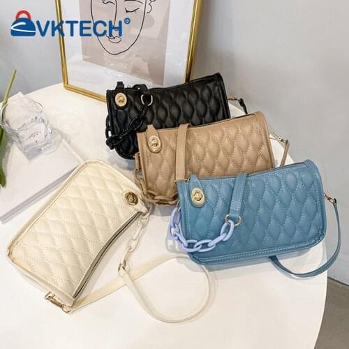 Vintage Women Lattice Pattern Pure Color PU Chain Flap Shoulder Underarm Bag New Collection All-match Subaxillary Tote