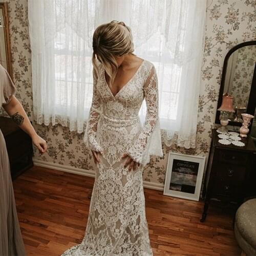 Vintage Beige Full Lace Boho Mermaid Wedding Dresses With Flare Long Sleeve Sexy Backless Country Beach Bridal Gowns Custom Made
