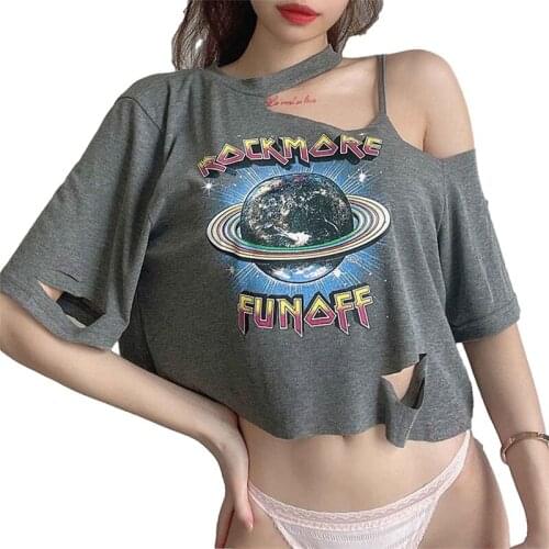 Y2k Women Clothes Casual Short Sleeve T-shirt Summer Fashion Printing Ripped Exposed Navel Loose Pullover Tops Ladies Shirts