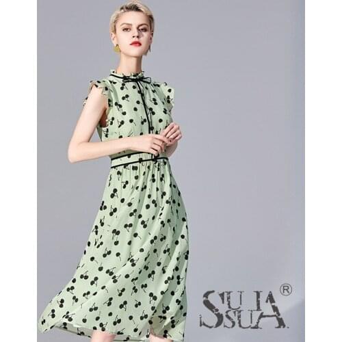 Green Print Cherry Floral Silk Dresses Women Fashion 2021 Summer Long Casual Sexy Office Work Daily Dress Plus Size Slim Fit A