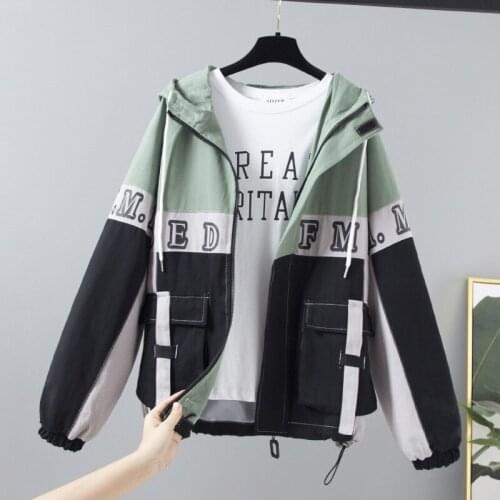 2020 New Womens Jacket Patchwork Long Sleeves Casual Basic Coat Pockets Zipper Windbreaker Female Hooded Jacket Outerwear P763
