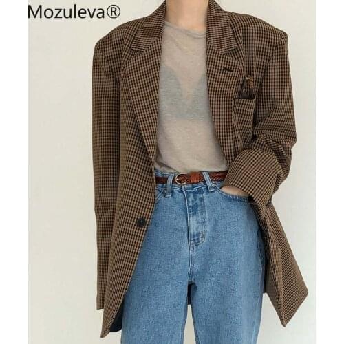 Mozuleva Retro Women Plaid Blazers Jackets Work Office Lady Suit Slim Single Breasted Business Oversized Blazer Coat Talever