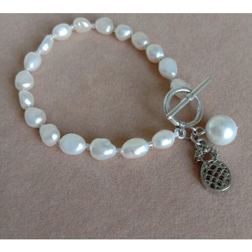 Top fashion pearl bracelet made of 100% NATURE FRESHWATER PEARL BRACELET-7-9 mm long BAROQUE shape PEARL, with Pineapple hanger