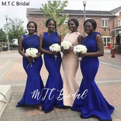 Robe Demoiselle Honneur 2020 Royal Blue Long Mermaid Dresses For Bridesmaid Floor Length Satin African Women Wedding Party Dress