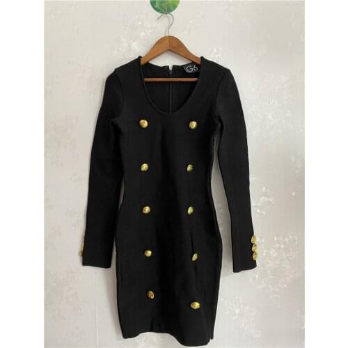 Elegant Women Black Bandage Dress Autumn Winter Button Knitted Mini Dresses O Neck Long Sleeve Bodycon Vestidos Party Clubwear