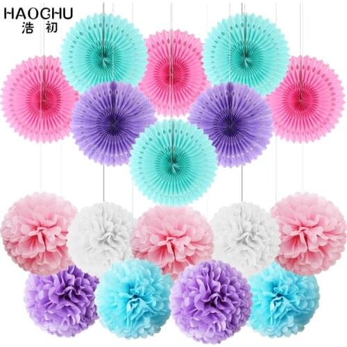 17pcs/Set Tissue Paper Cut-Out Paper Fans Pinwheels Mixed Fan Pompom Hanging Flower Paper Crafts Wedding Party Birthday Festival