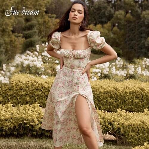 2021 Summer New Womens Sexy Square Neck Short Sleeve Print Split A-line Dress Elegant Celebrity Club Party Dress vestido