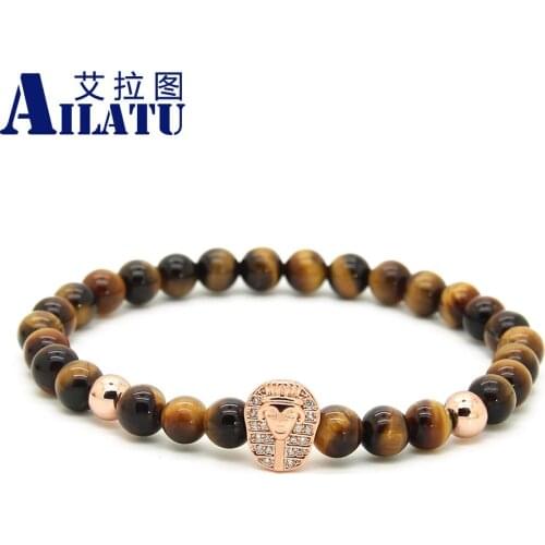 Ailatu New Macrame Bracelet 6mm Tiger Eye Stone with Tutankhamun CZ Beads Pharaon Bracelet Pulseira Hombres