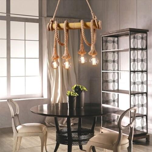 American vintage hemp rope bamboo tube pendant light 4/5/6 Heads for restaurant clothing store LED E27 220V decoration light