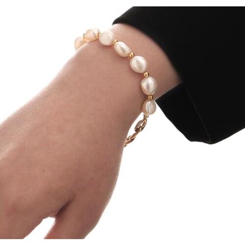 Brass With 18K Gold Real Baroque Pearl Bracelet Women Jewelry Designer T Show Runway Sweety Boho Japan Korean Sample Trendy