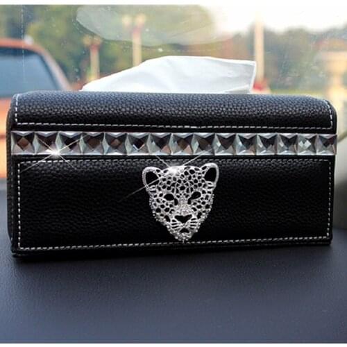Black Beige Genuine Leather Car Tissue Box with Leopard Head Luxury Auto Home Office Towel Paper Cover Case for Styling