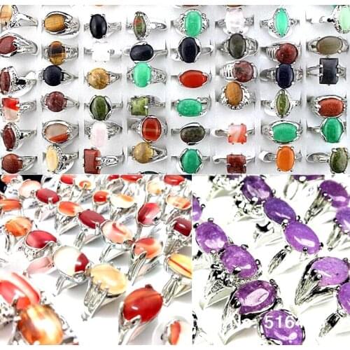 50pcs Brand Mixed Style Natural Stone Silver Plated Women Rings Fashion Woman Ring Wholesale Jewelry Bulks Lots