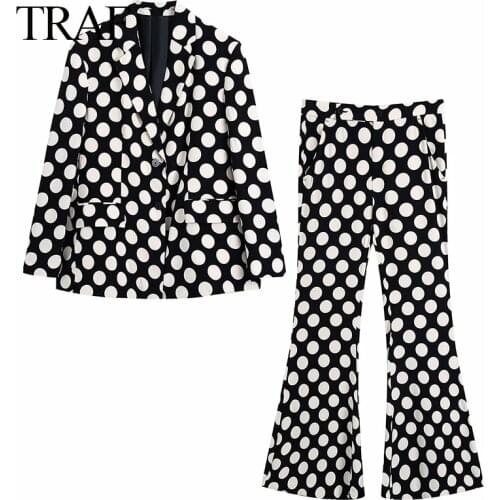 TRAF Za Women Suits Temperament Office Lady Suits 2021 Women Fahion Dot Print Long Sleeve Blazer And High Waist Pants Suits