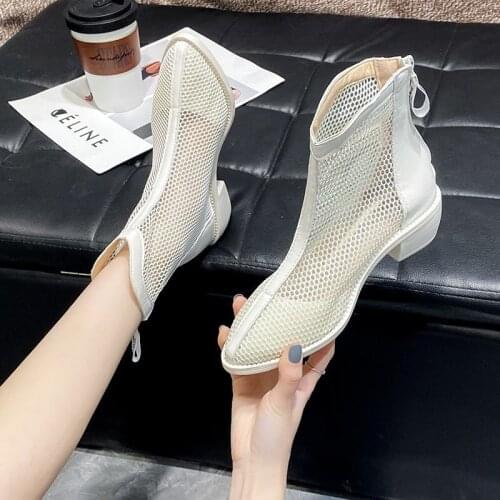 Cool Boots Pu Leather Mesh Zipper Female Pumps Spring Summer Round Toe Square High Heel Women Shoes