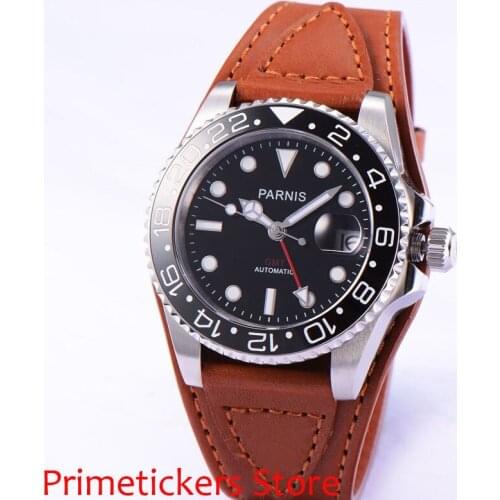 40mm Parnis black dial leather strap sapphire glass GMT automatic mens watch green luminous marks