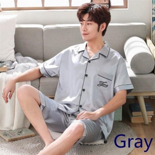 Mens Stain Silk Pajama Set Summer Homewear pijama hombre verano Short Sleeve Shorts Sexy Man Nightwear Men Pajama Set