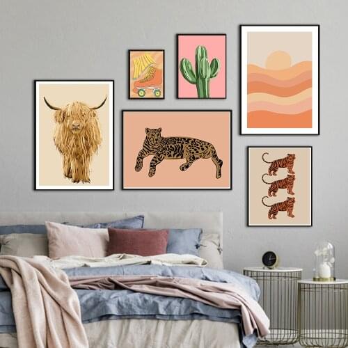 Pink Leopard Nordic Posters And Prints Canvas Wall Art Print Pink Cactus Painting Decorative Picture Modern Room Home Decor