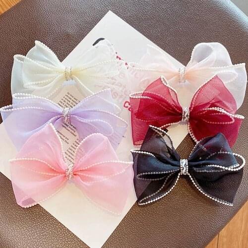 New Girls Elegant Pearls Double Layer Chiffon Bow Hairpins Kids Sweet Hair Clips Decorate Headband Fashion Hair Accessories