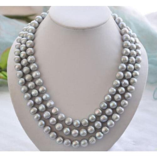 Genuine 3 row AAA 9mm south sea gray pearl necklace 14k yellow gold clasp