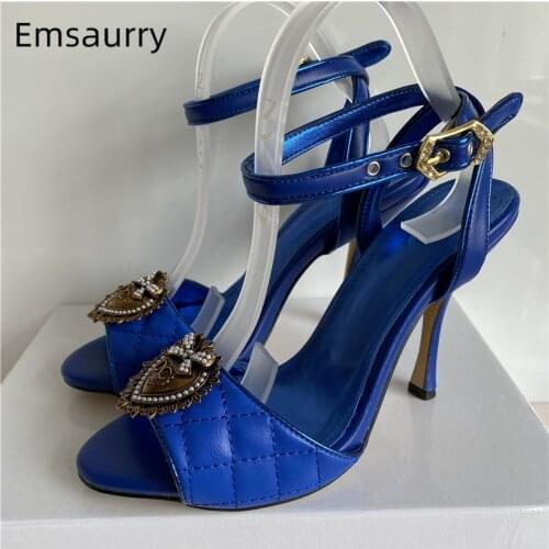 Sewing Genuine Leather Ankle Strap Sandals Women Stiletto Heel Sexy Open Toe Metal Decor Crystal Party Shoes Woman